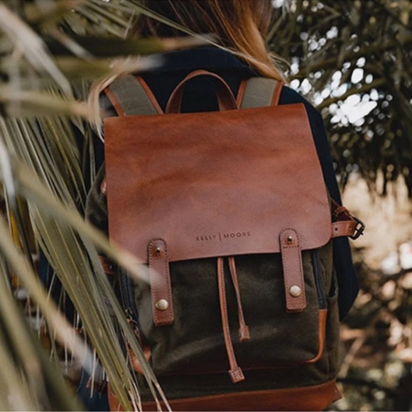 Kelly Moore Brown Leather and Green Canvas Camera Backpack - Picture 2 of 2